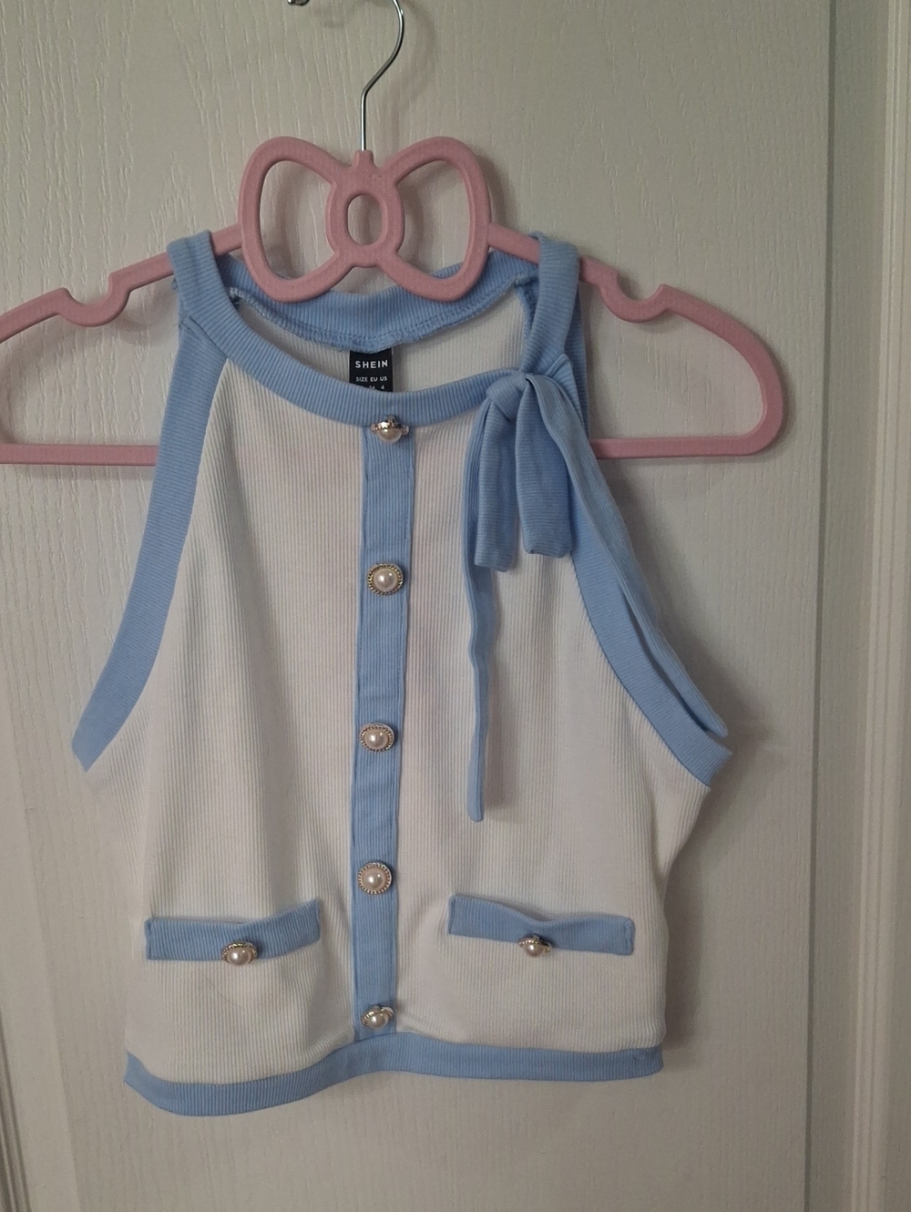 SHEIN White & Baby Blue Knit Bow-Accent Top NWT Size S